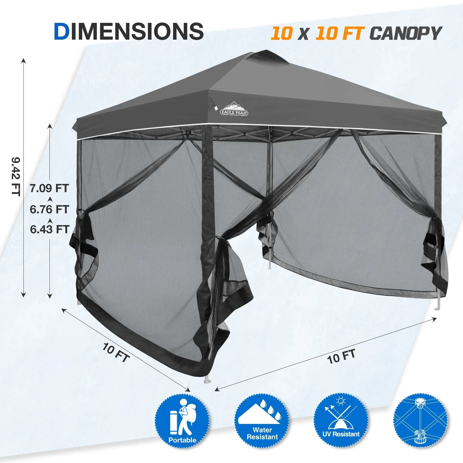 EAGLE PEAK 10x10 Outdoor Easy Pop up Canopy with Netting, Instant Screen Party Tent with Mesh Side Walls, Gray/Beige/American Flag