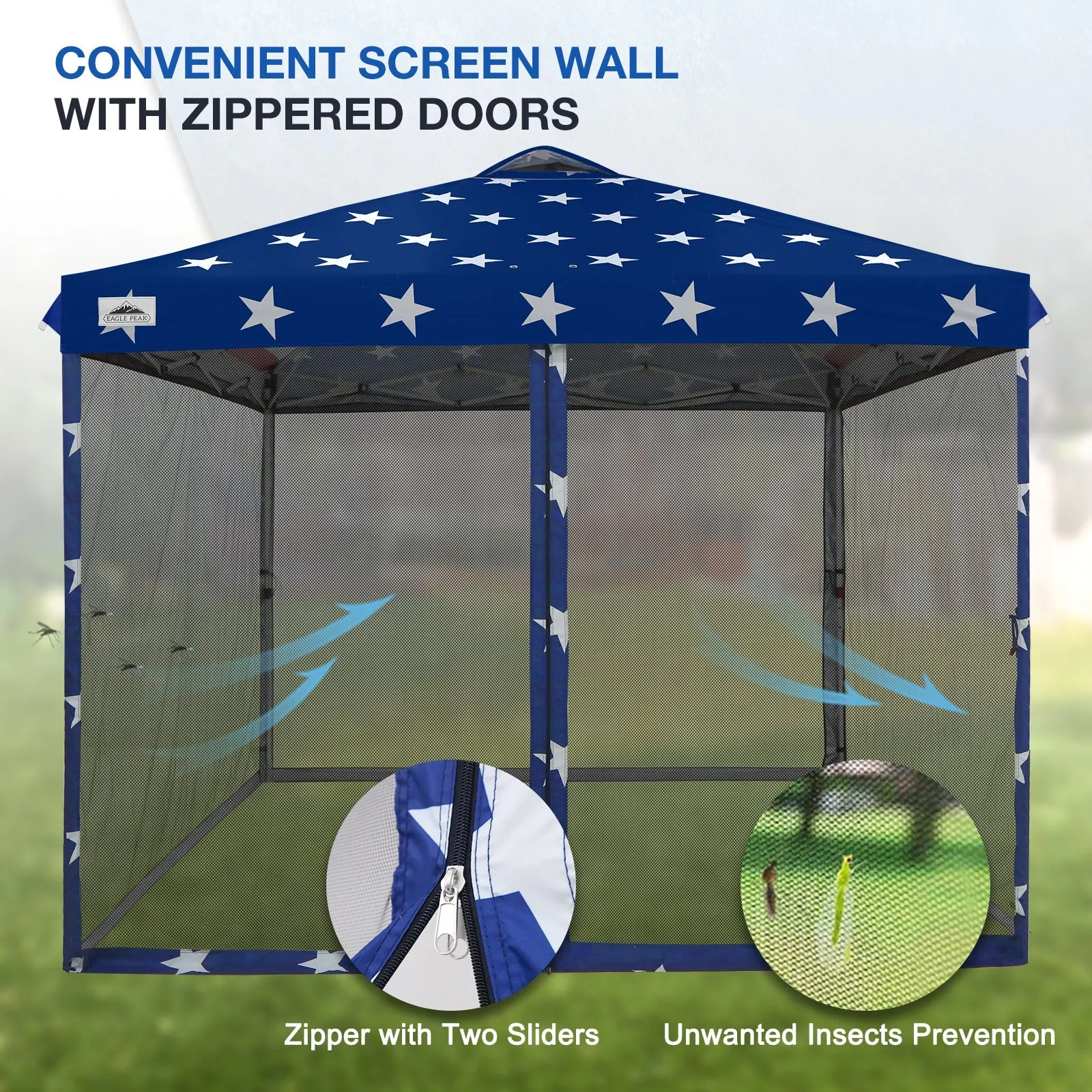 EAGLE PEAK 10x10 Outdoor Easy Pop up Canopy with Netting, Instant Screen Party Tent with Mesh Side Walls, Gray/Beige/American Flag