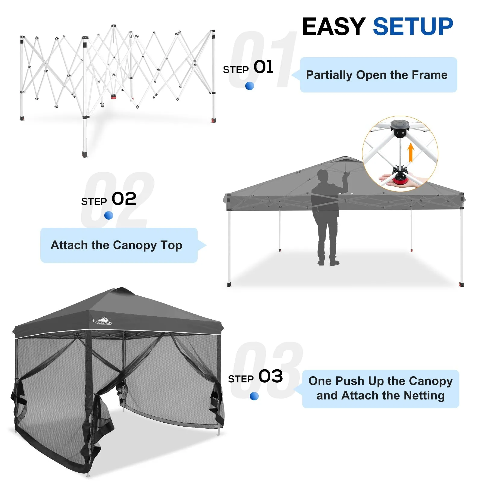 EAGLE PEAK 10x10 Outdoor Easy Pop up Canopy with Netting, Instant Screen Party Tent with Mesh Side Walls, Gray/Beige/American Flag