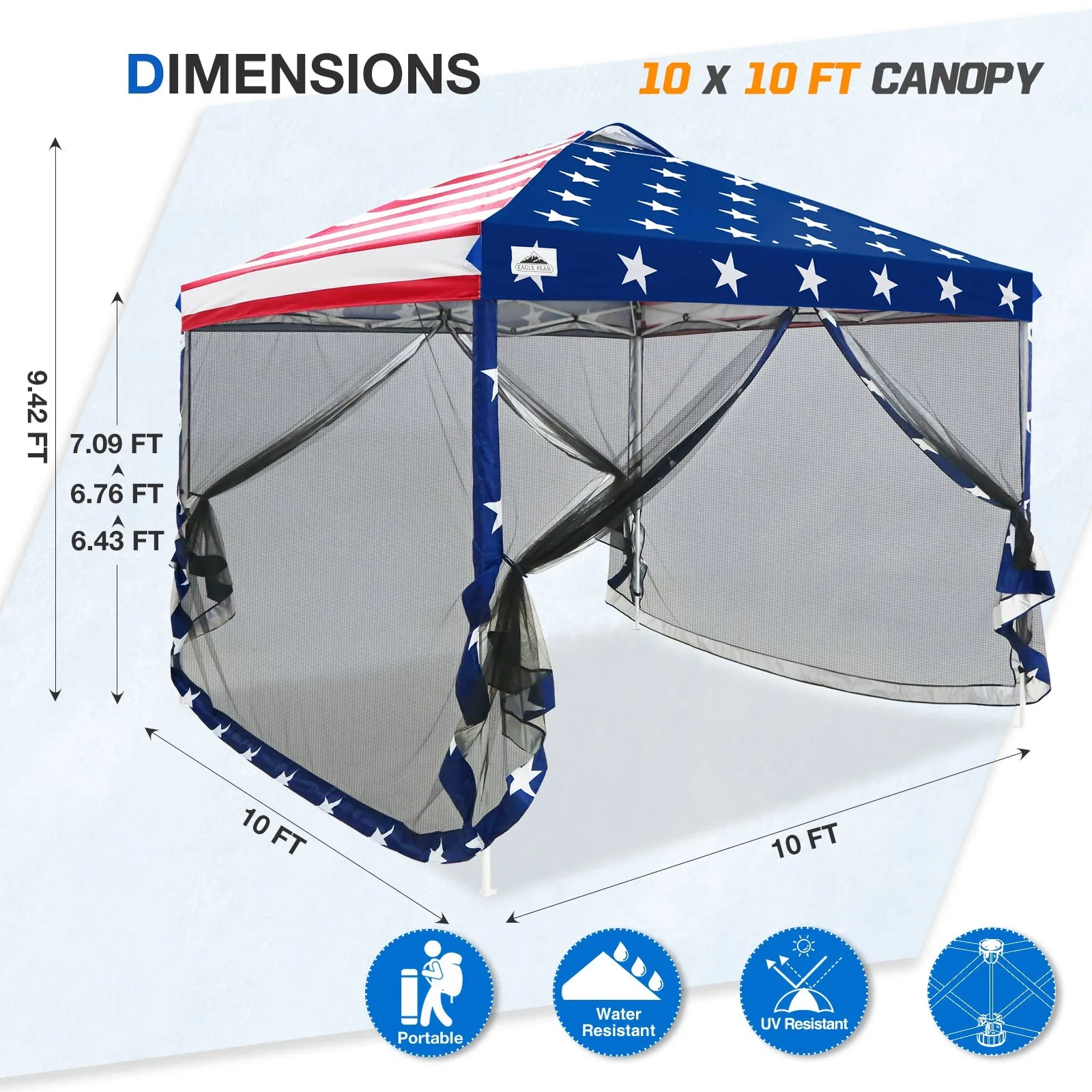 EAGLE PEAK 10x10 Outdoor Easy Pop up Canopy with Netting, Instant Screen Party Tent with Mesh Side Walls, Gray/Beige/American Flag