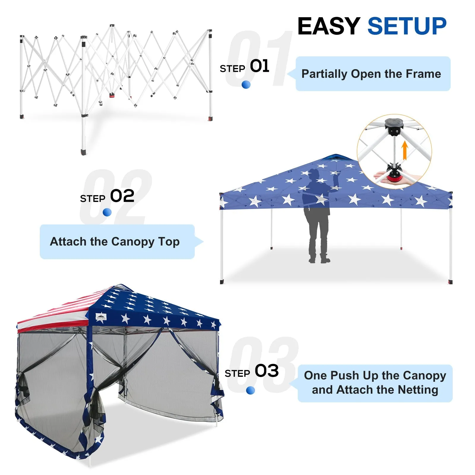 EAGLE PEAK 10x10 Outdoor Easy Pop up Canopy with Netting, Instant Screen Party Tent with Mesh Side Walls, Gray/Beige/American Flag