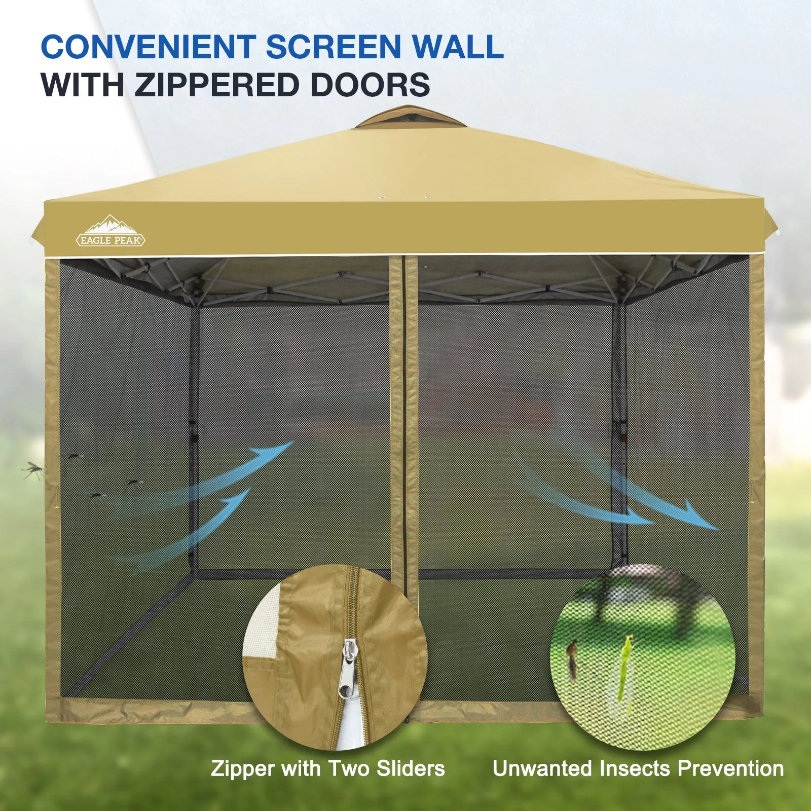 EAGLE PEAK 10x10 Outdoor Easy Pop up Canopy with Netting, Instant Screen Party Tent with Mesh Side Walls, Gray/Beige/American Flag