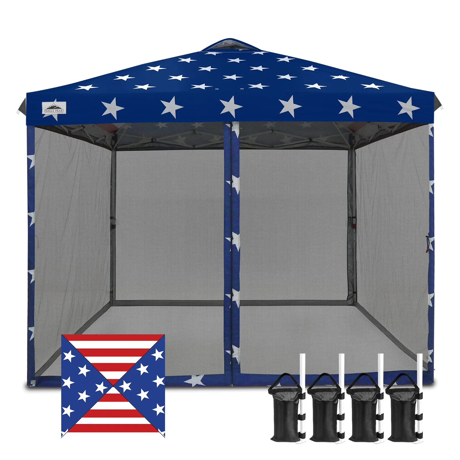 EAGLE PEAK 10x10 Outdoor Easy Pop up Canopy with Netting, Instant Screen Party Tent with Mesh Side Walls, Gray/Beige/American Flag