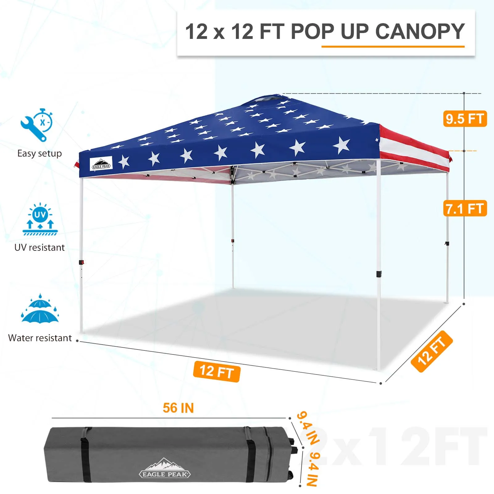 EAGLE PEAK 12x12 Pop Up Canopy Tent Instant Outdoor Canopy Easy Set-up Straight Leg Folding Shelter with Wheeled Bag, 8 Stakes, 4 Sand Bags, and 4 Ropes