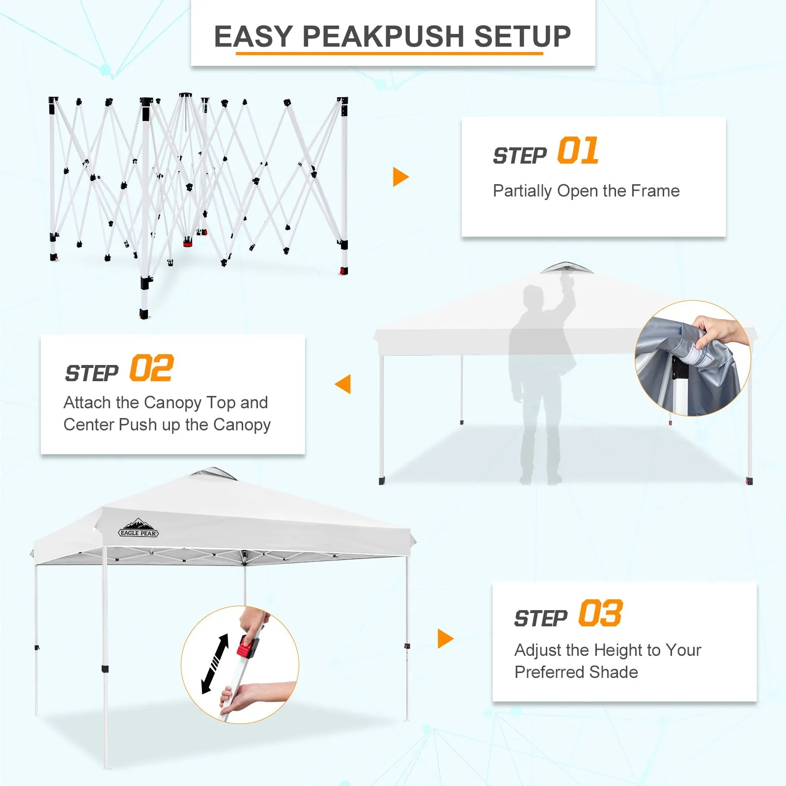 EAGLE PEAK 12x12 Pop Up Canopy Tent Instant Outdoor Canopy Easy Set-up Straight Leg Folding Shelter with Wheeled Bag, 8 Stakes, 4 Sand Bags, and 4 Ropes