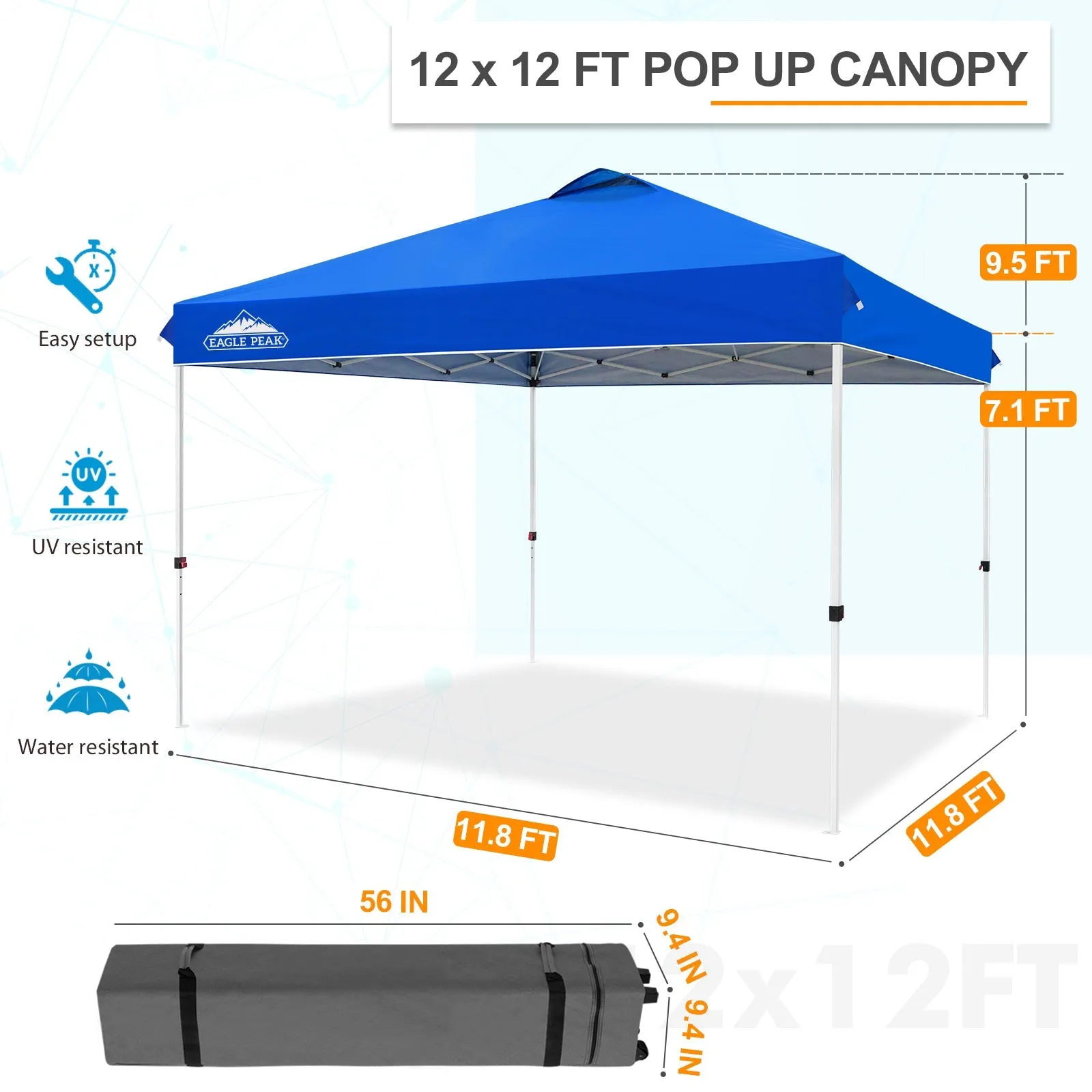 EAGLE PEAK 12x12 Pop Up Canopy Tent Instant Outdoor Canopy Easy Set-up Straight Leg Folding Shelter with Wheeled Bag, 8 Stakes, 4 Sand Bags, and 4 Ropes