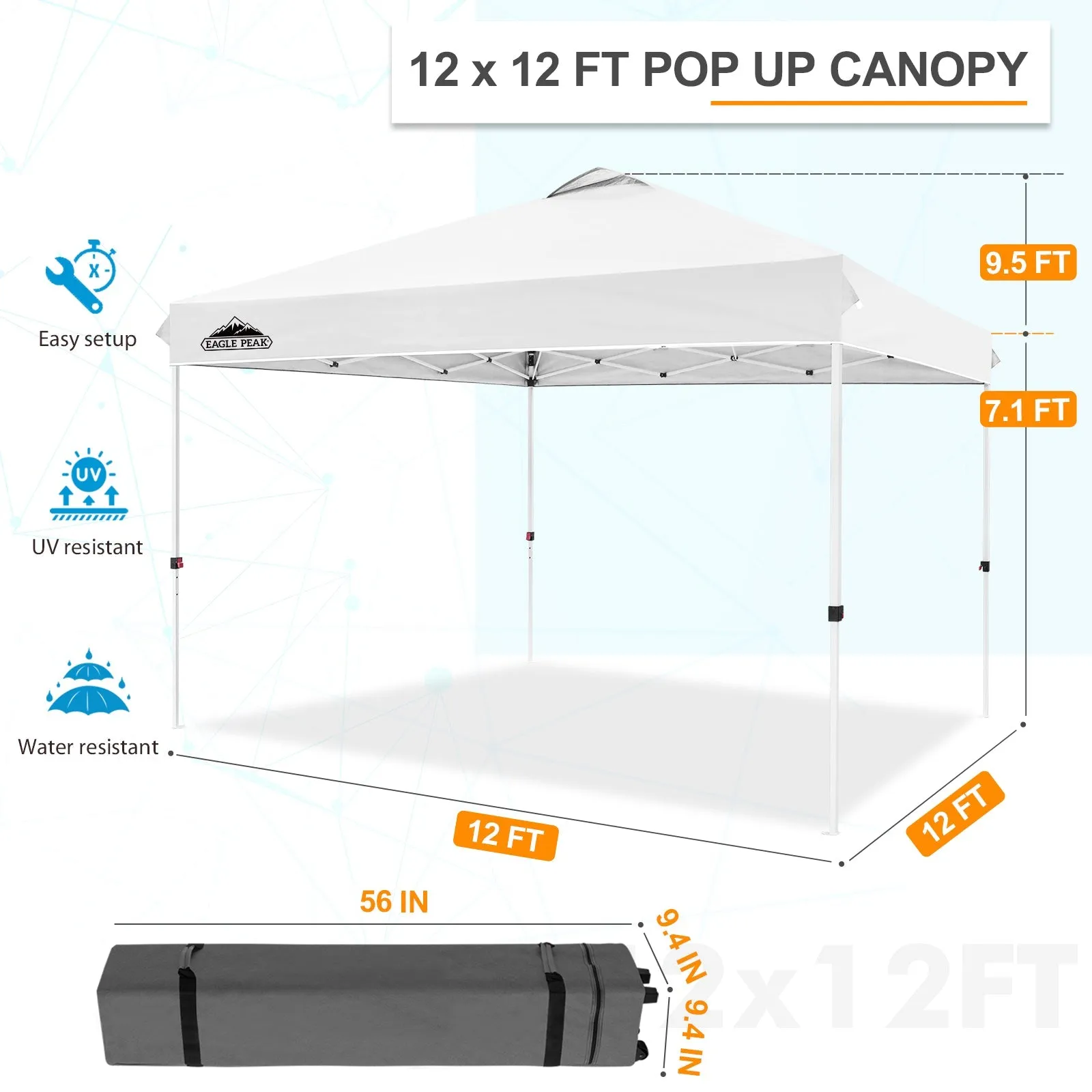 EAGLE PEAK 12x12 Pop Up Canopy Tent Instant Outdoor Canopy Easy Set-up Straight Leg Folding Shelter with Wheeled Bag, 8 Stakes, 4 Sand Bags, and 4 Ropes