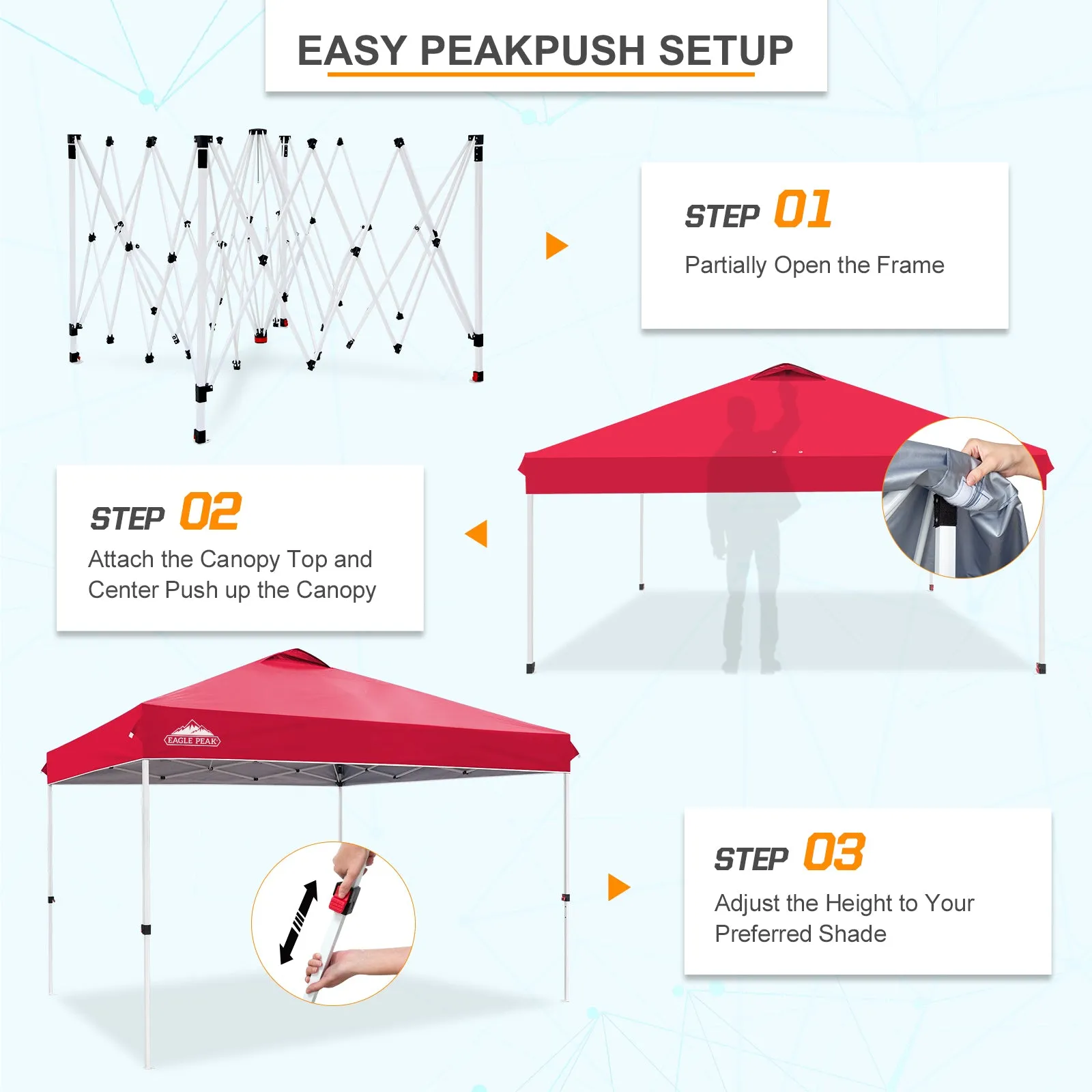 EAGLE PEAK 12x12 Pop Up Canopy Tent Instant Outdoor Canopy Easy Set-up Straight Leg Folding Shelter with Wheeled Bag, 8 Stakes, 4 Sand Bags, and 4 Ropes