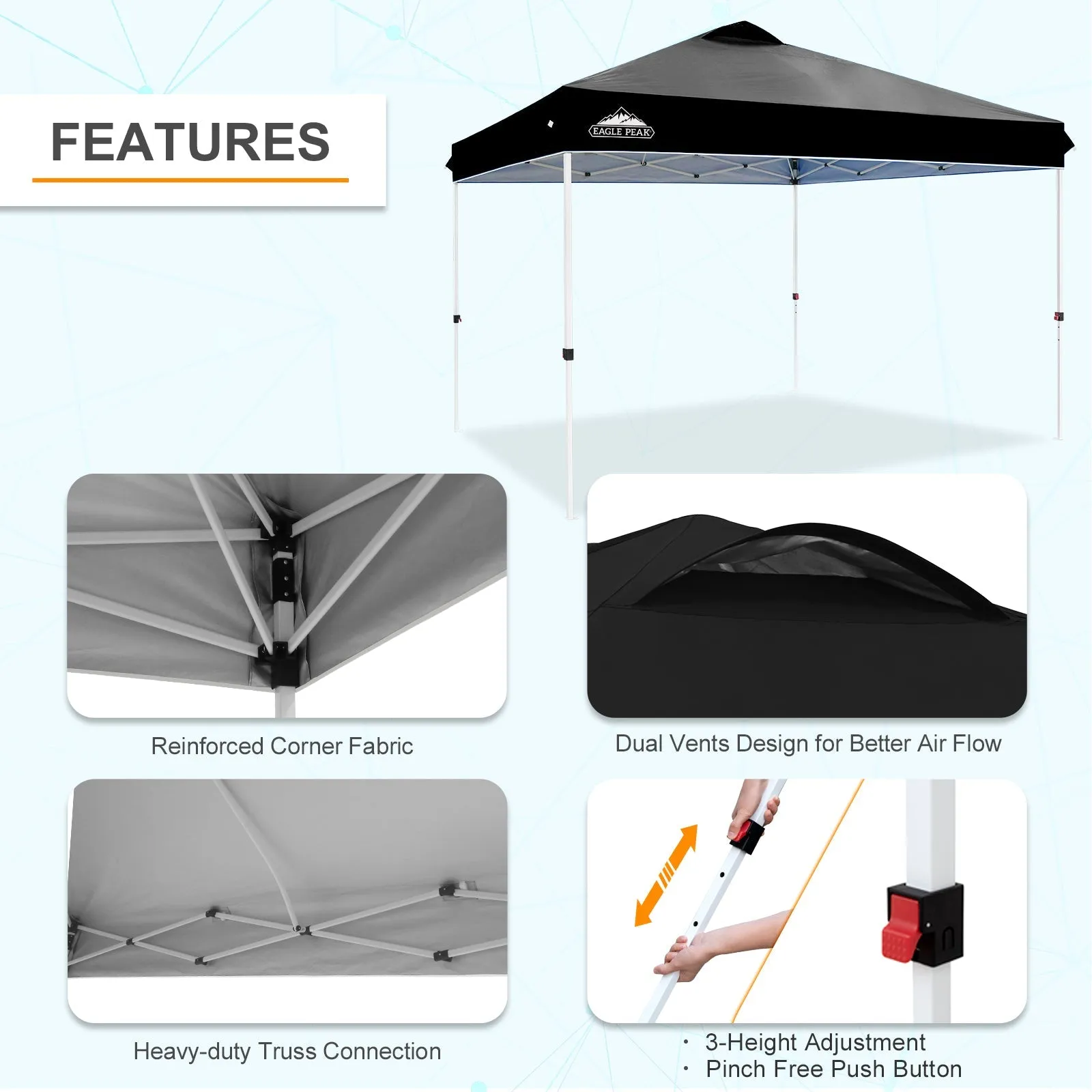 EAGLE PEAK 12x12 Pop Up Canopy Tent Instant Outdoor Canopy Easy Set-up Straight Leg Folding Shelter with Wheeled Bag, 8 Stakes, 4 Sand Bags, and 4 Ropes