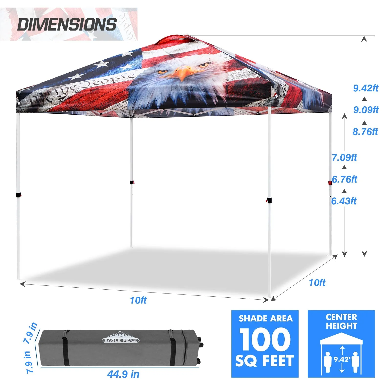 Eagle Peak SHADE GRAPHiX Easy Setup 10x10 Pop Up Canopy Tent with Digital Printed American Icon Top