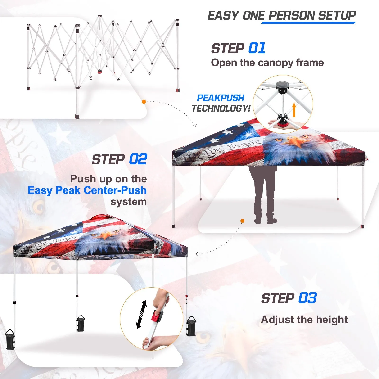 Eagle Peak SHADE GRAPHiX Easy Setup 10x10 Pop Up Canopy Tent with Digital Printed American Icon Top