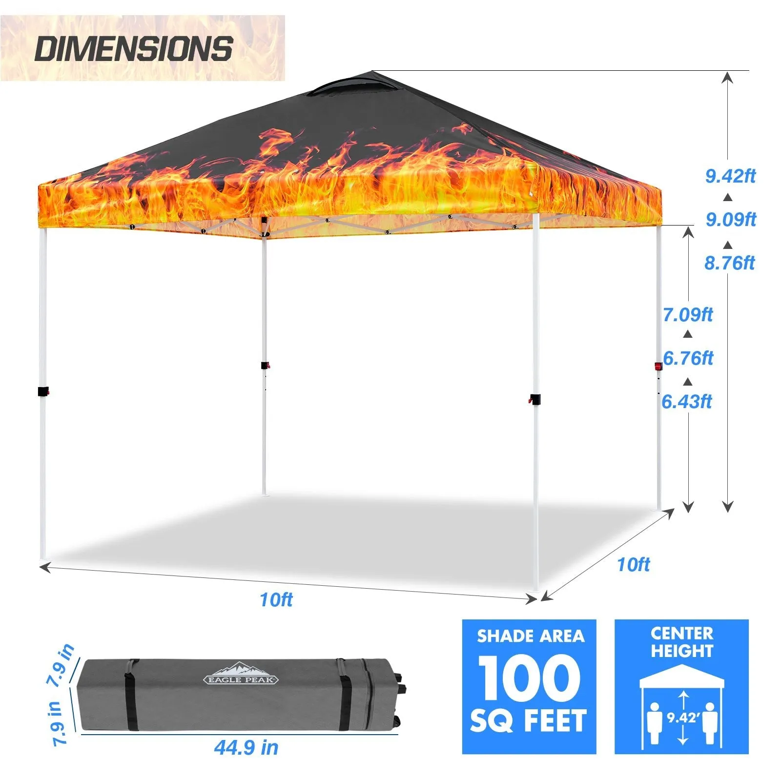 Eagle Peak SHADE GRAPHiX Easy Setup 10x10 Pop Up Canopy Tent with Digital Printed Flame Top