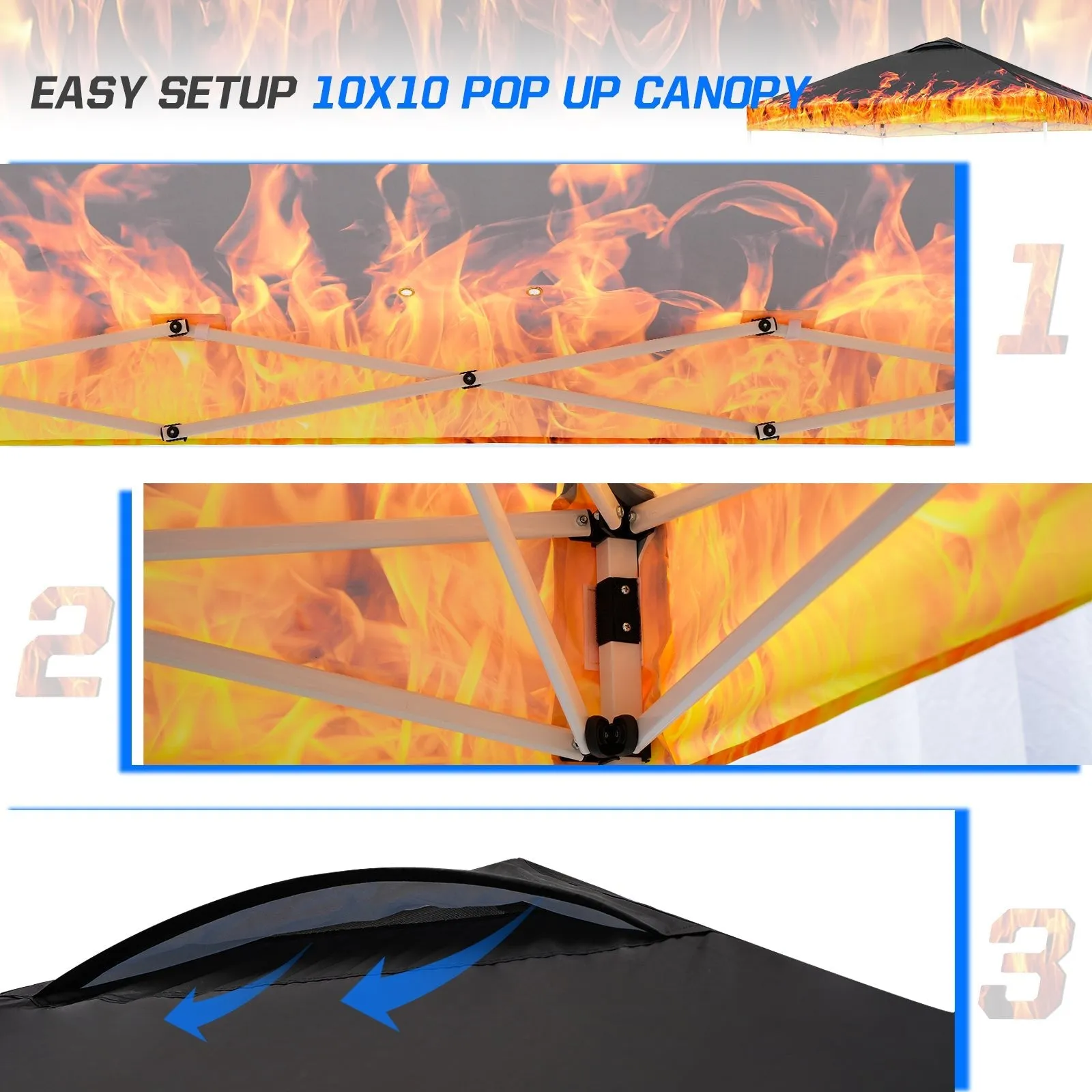 Eagle Peak SHADE GRAPHiX Easy Setup 10x10 Pop Up Canopy Tent with Digital Printed Flame Top