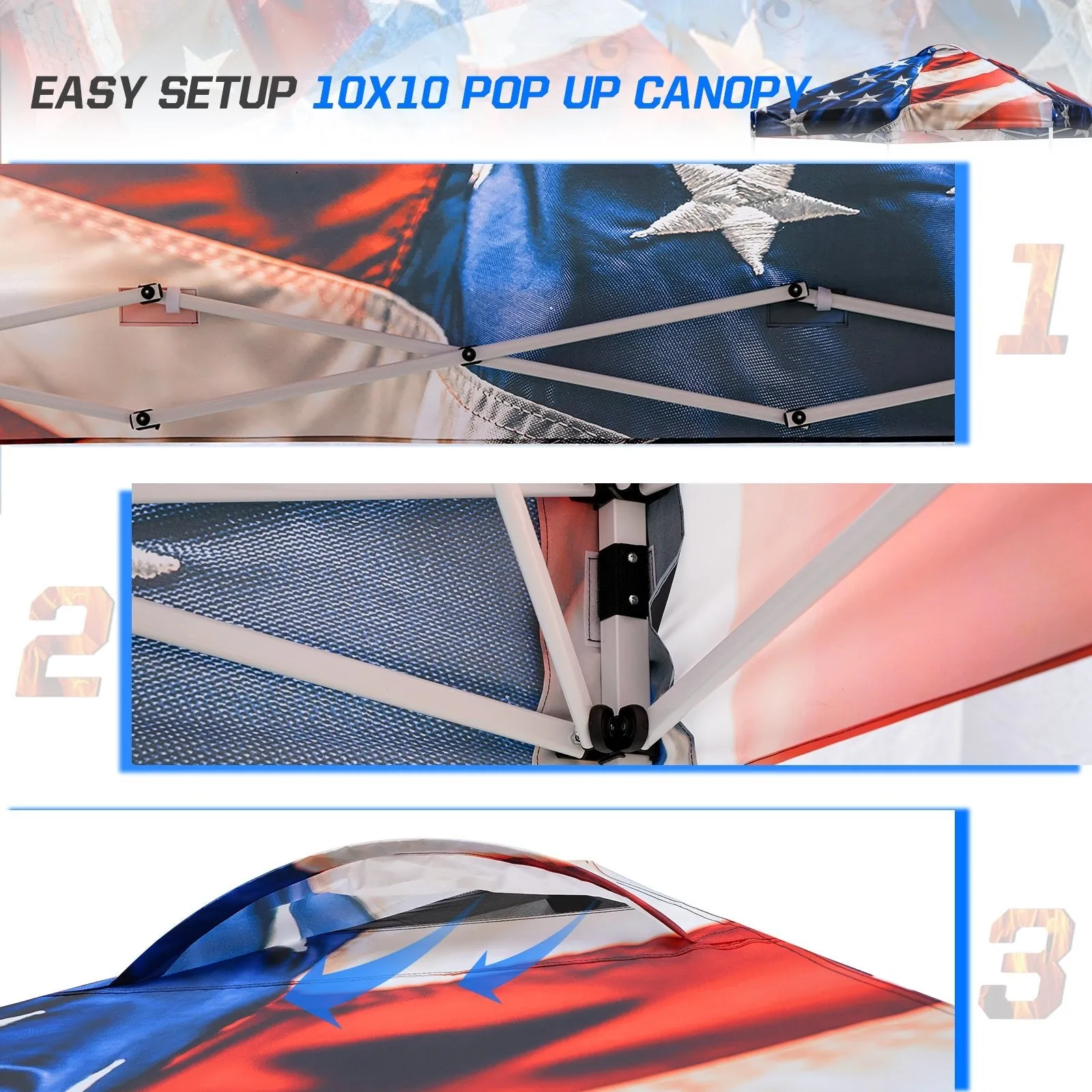 Eagle Peak SHADE GRAPHiX Easy Setup 10x10 Pop Up Canopy Tent with Digital Printed Stars and Stripes Top