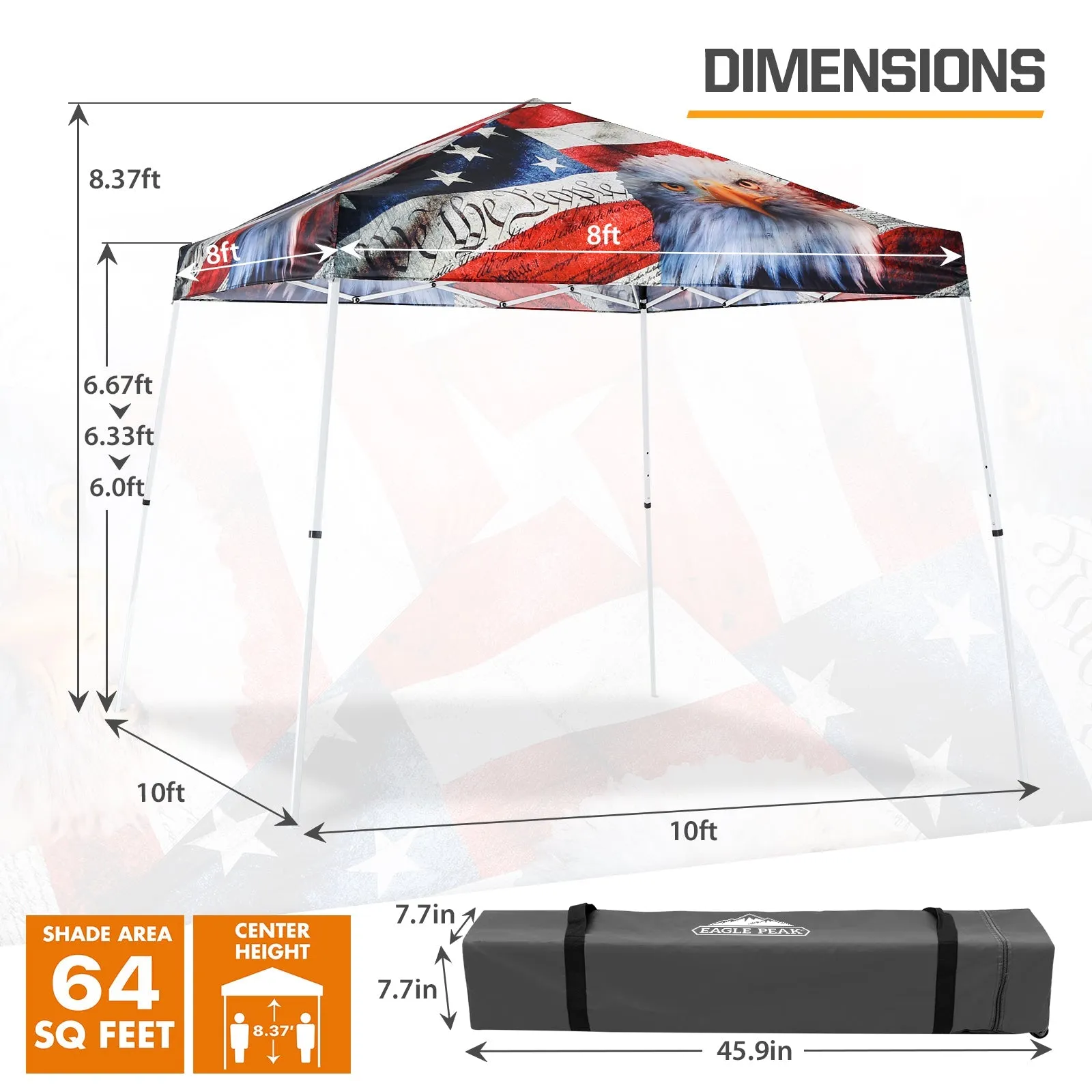 Eagle Peak SHADE GRAPHiX Slant Leg 10x10 Easy Setup Pop Up Canopy Tent with Digital Printed American Icon Top