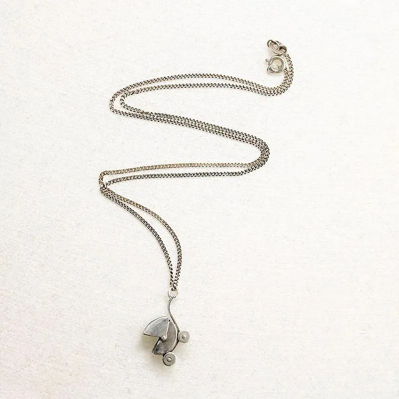 Miniature Sterling Baby Carriage Charm Necklace