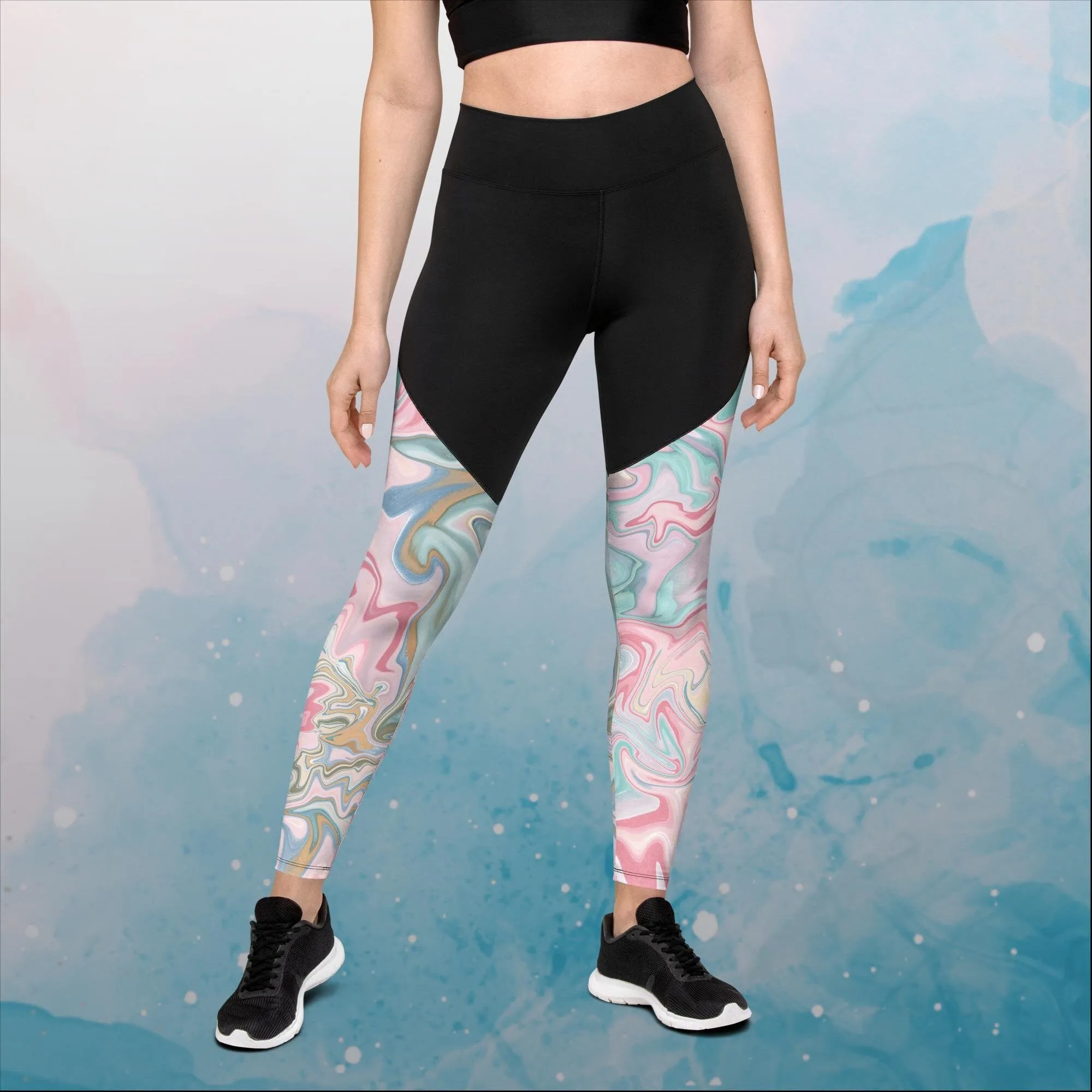 Pink and Mint Marbled Womens Compression Sports Leggings