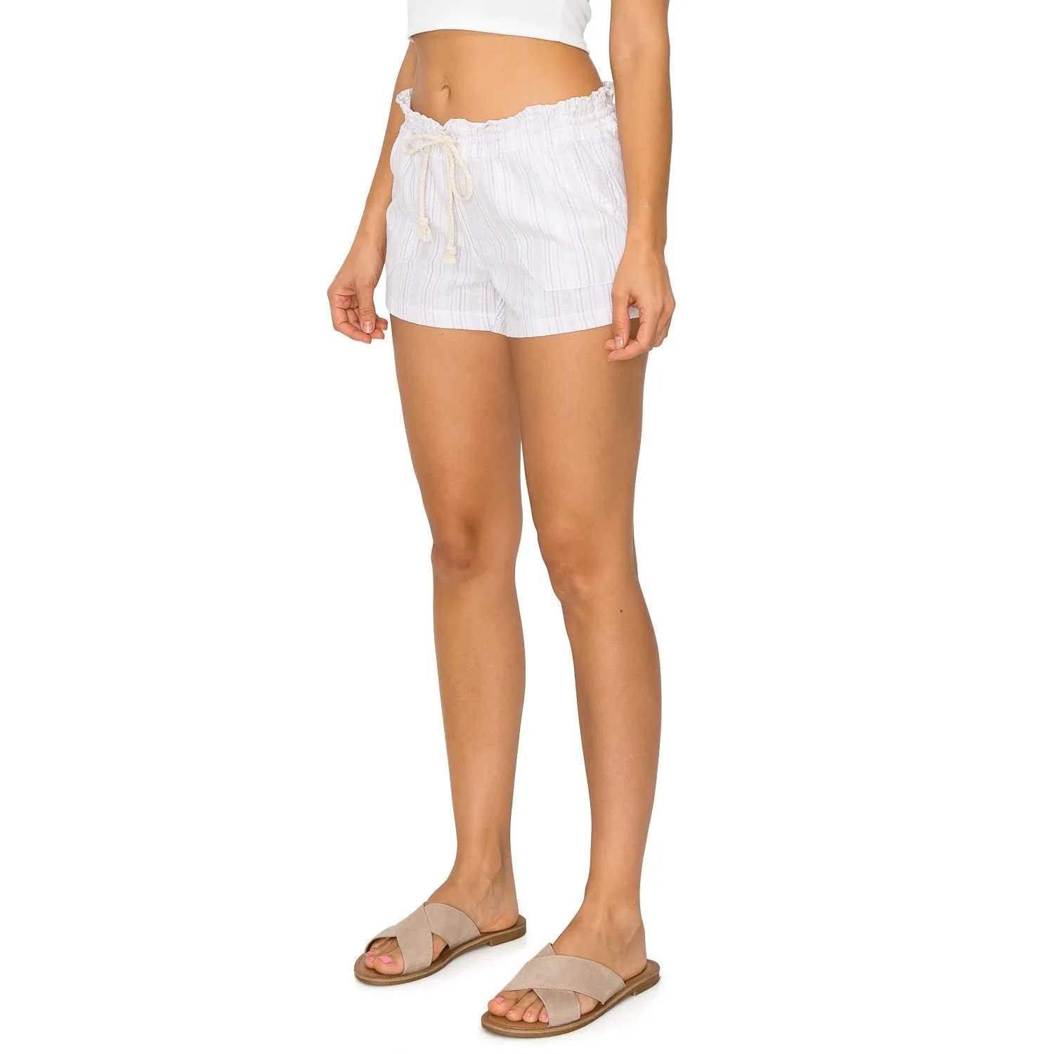 Printed Drawstring Linen Shorts - White Beige