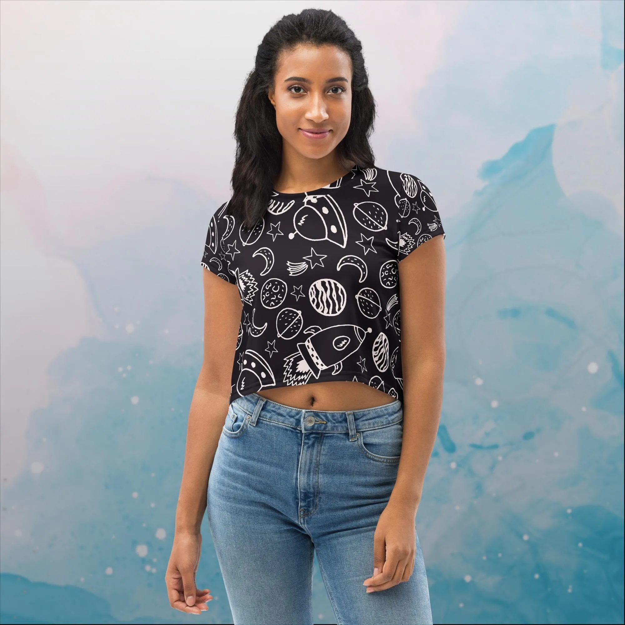 Rockets and Planets Womens Print Crop Tee