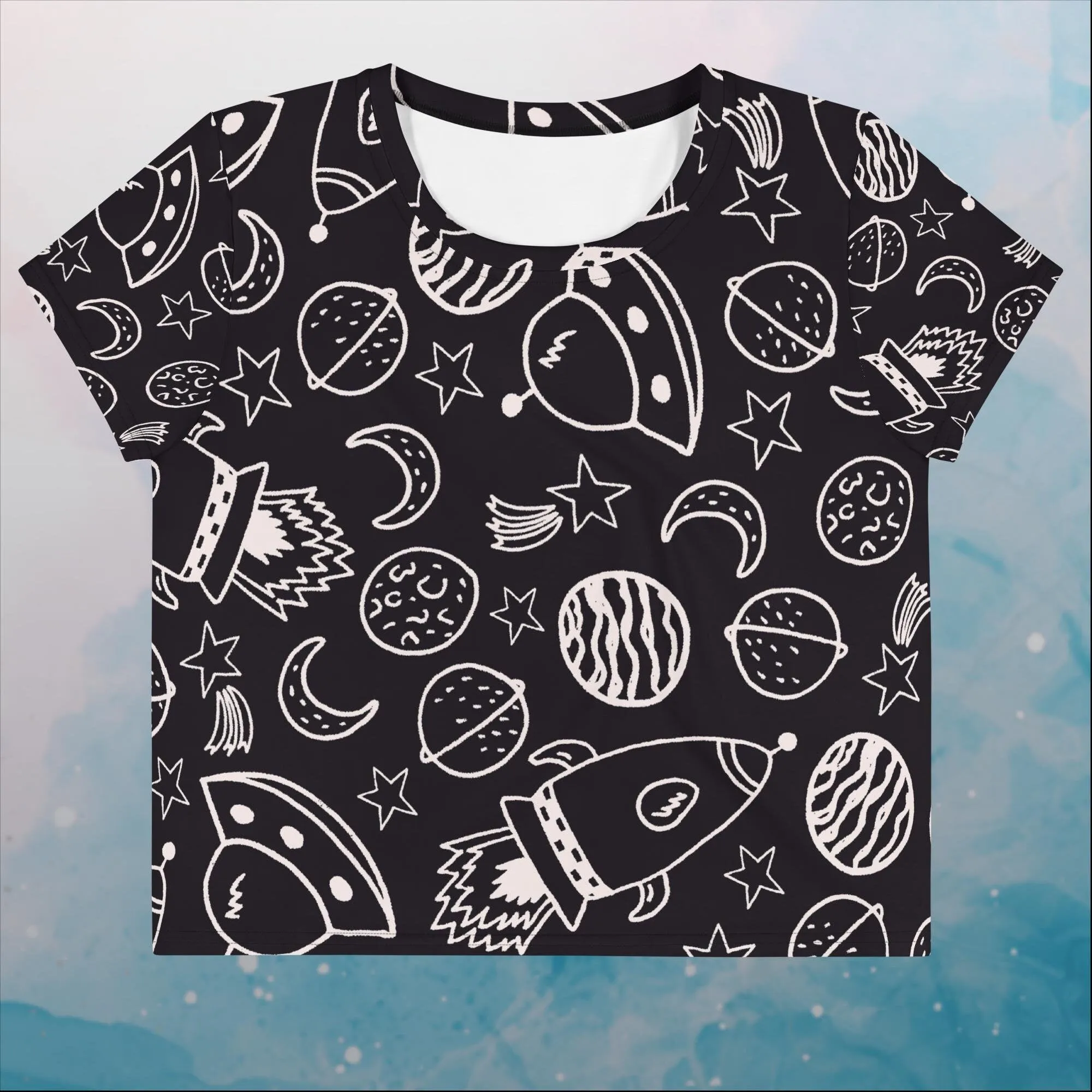 Rockets and Planets Womens Print Crop Tee