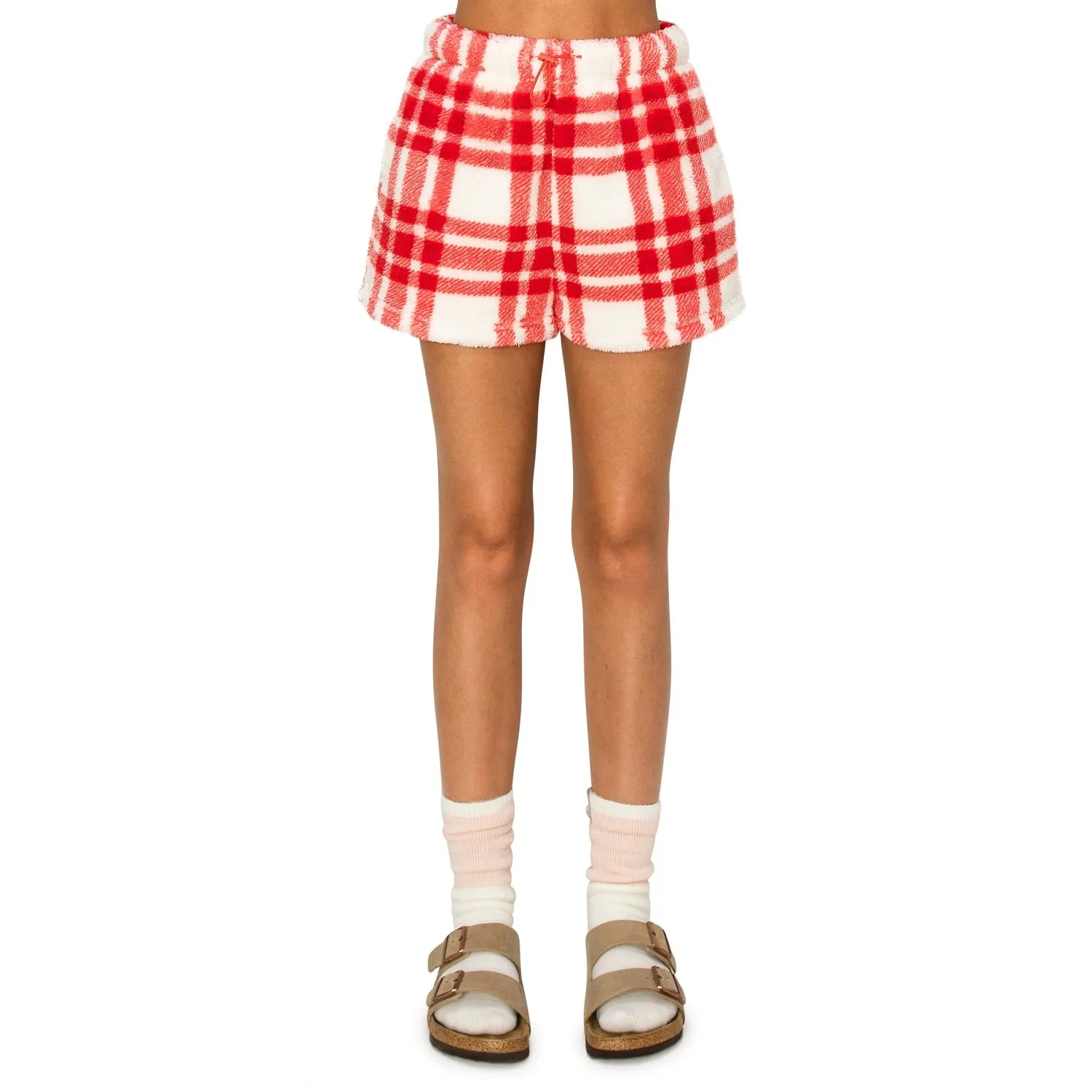 Sherpa Fleece Plaid Sweatshorts - Red/Cream