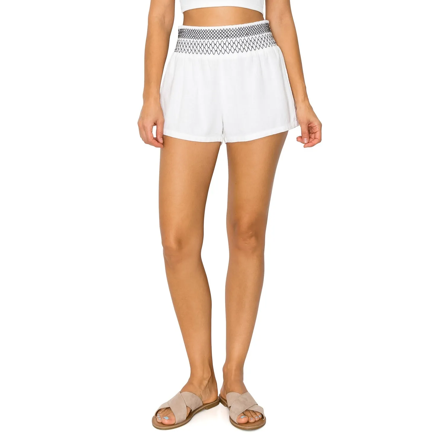 Smocked Waistband with Contrast Stitch Linen Short - White Black