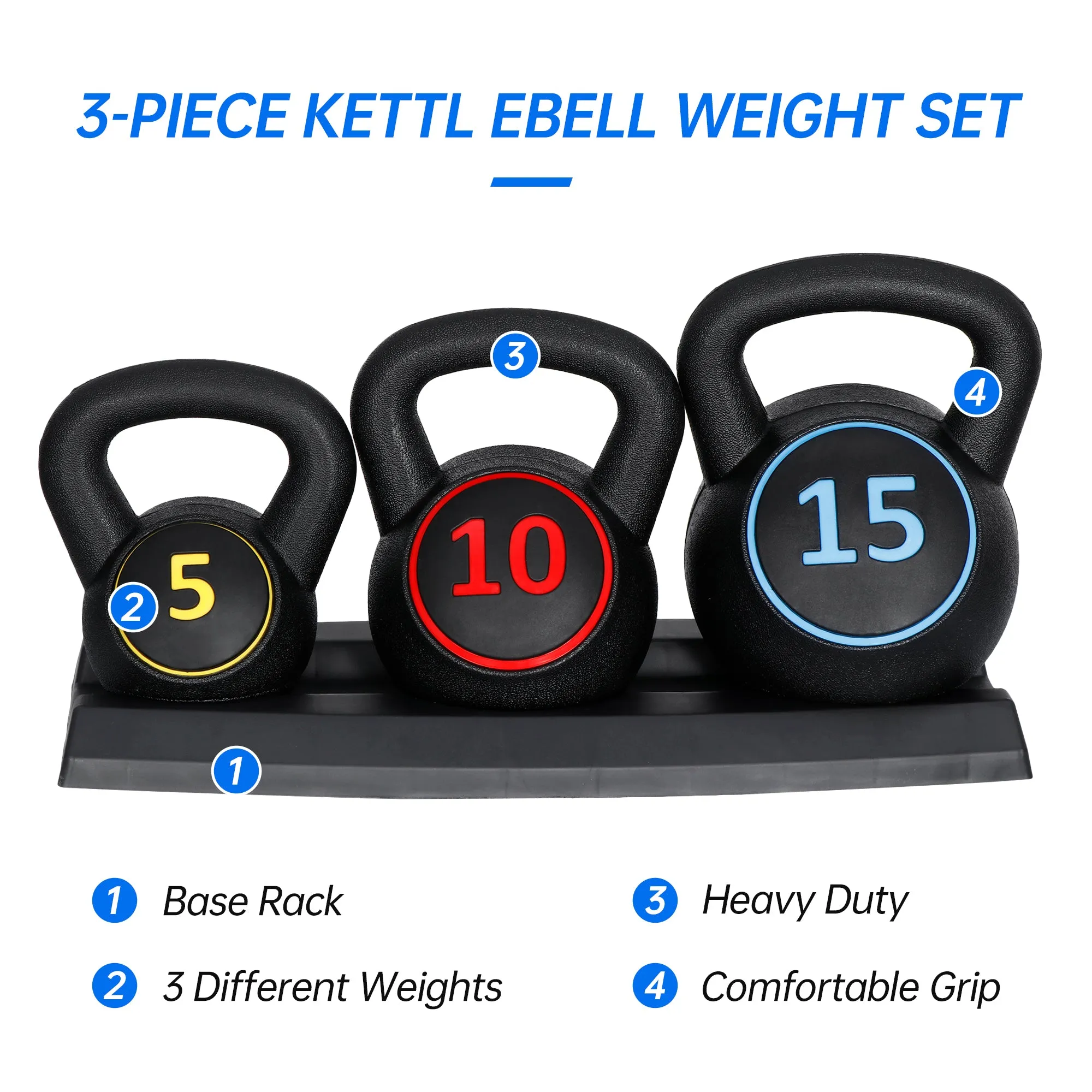 ZENY™ 3-Piece Kettlebell Set with Storage Rack Weight 5 lbs 10 lbs 15 lbs HDPE Covered